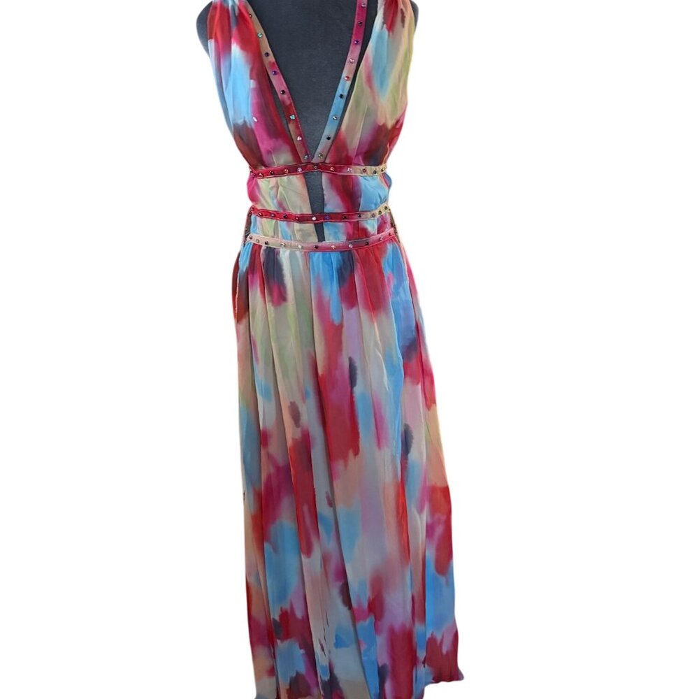 Multicolor Sleeveless Maxi Dress With Rhinestone Straps & High Slit - Picture 3 of 7